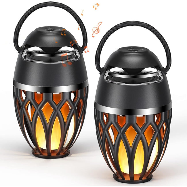 2 Pack Outdoor Bluetooth Speakers, BT 5.0, LED Flame, Waterproof, Lantern for Pool Party