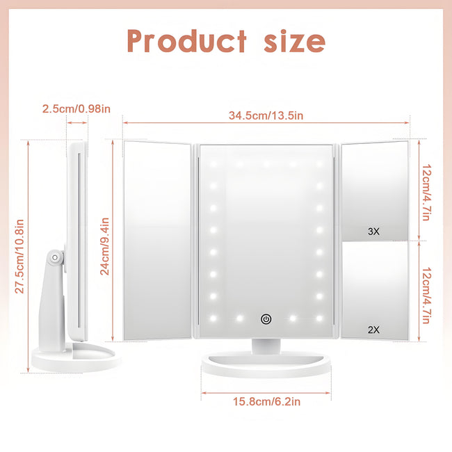 Pro Vanity Mirror with 21 LED Natural Light Tri-Zone Magnification USB-C Anti-Glare 180° Adjustable