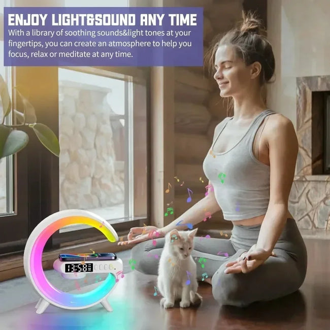 Christmas Gift 5.9" Fast Wireless Charger Desktop Stand Bluetooth Speaker TF Clock RGB Atmosphere Light Lamp for Iphone Samsung