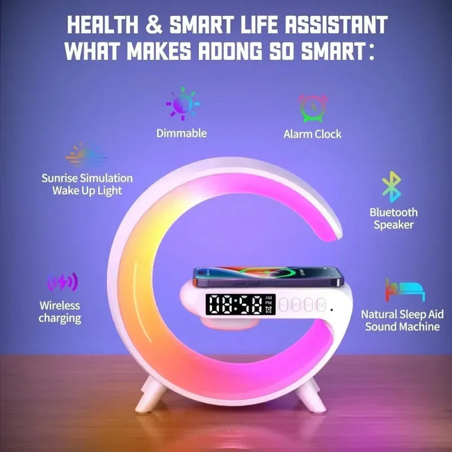 Christmas Gift 5.9" Fast Wireless Charger Desktop Stand Bluetooth Speaker TF Clock RGB Atmosphere Light Lamp for Iphone Samsung